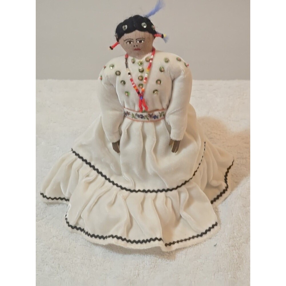 NAVAJO NATIVE DRESS, PAINTED FACE RAG DOLL 10 INCH TALL. COLORFUL BEADS, SEQUINS